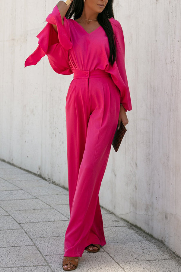 V Neck Bat Sleeve Blouse Pants Set - Fashionpara