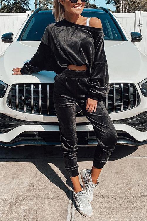 Dew Shoulder Velvet Pants Set - Fashionpara