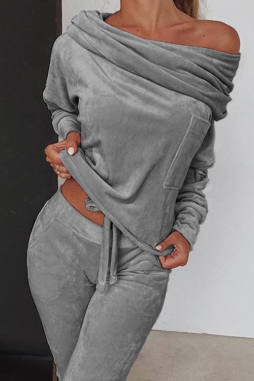 Off Shoulder Velvet Pants Set - Fashionpara