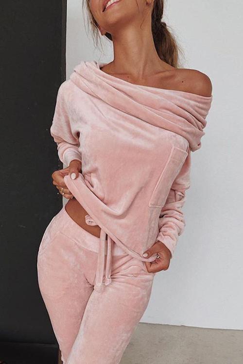 Off Shoulder Velvet Pants Set - Fashionpara