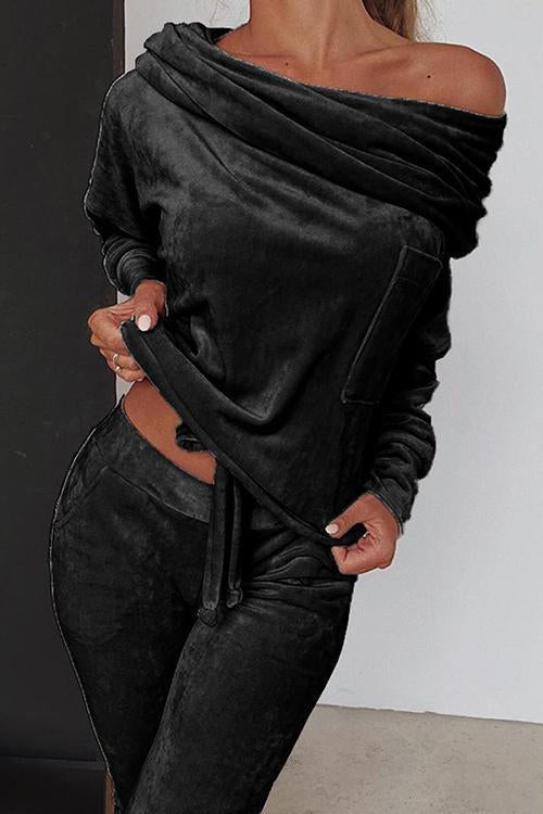 Off Shoulder Velvet Pants Set - Fashionpara