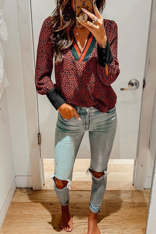 Leopard Patcwork V Necl Cuff Blouse - Fashionpara