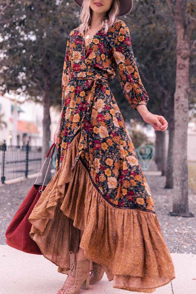 Florcoo Long Sleeve Print Retro Long Maxi Dress - Fashionpara