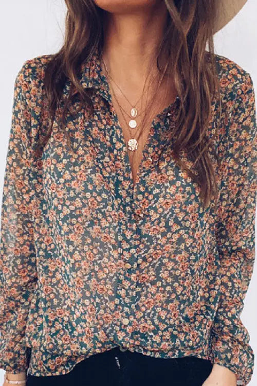 Print Button Long Sleeve Blouse - Fashionpara