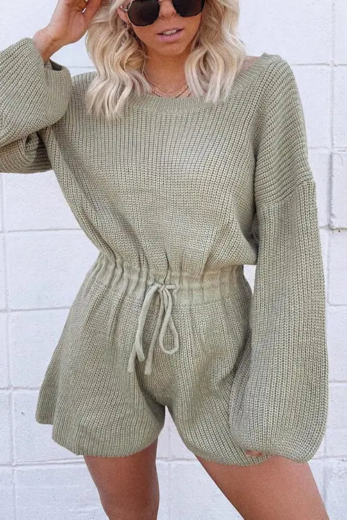 O Neck Puff Long Drawstring Sweater Romper - Fashionpara