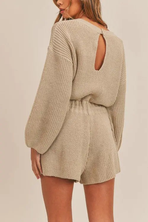 O Neck Puff Long Drawstring Sweater Romper - Fashionpara
