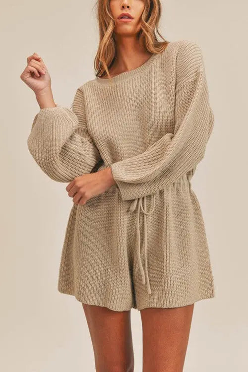 O Neck Puff Long Drawstring Sweater Romper - Fashionpara