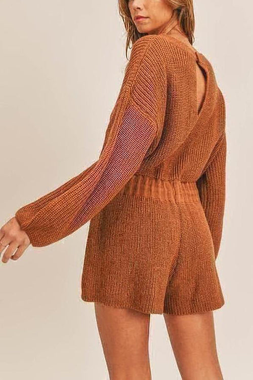 O Neck Puff Long Drawstring Sweater Romper - Fashionpara