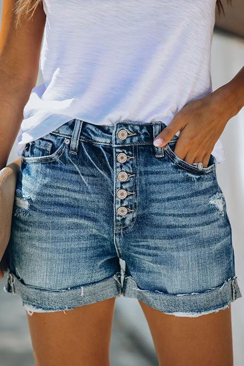 Button High Waist Denim Shorts - Fashionpara