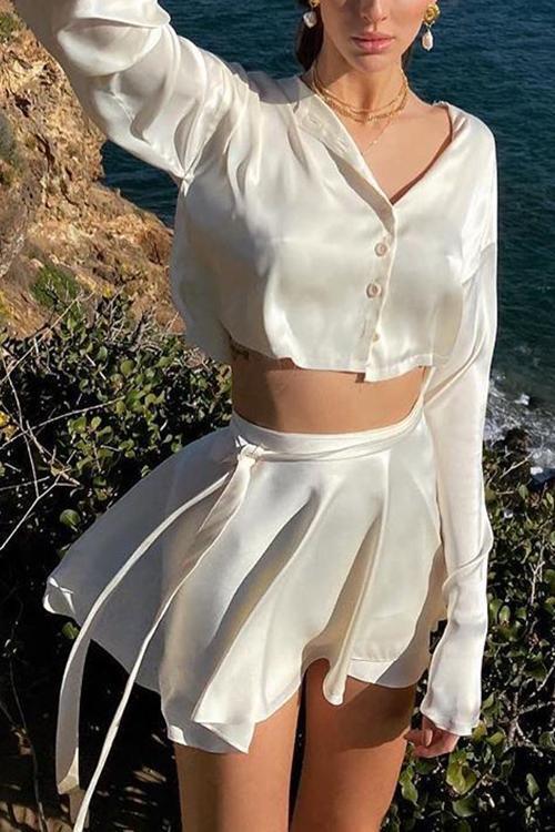 Button Flares Sleeve Skirts Set - Fashionpara