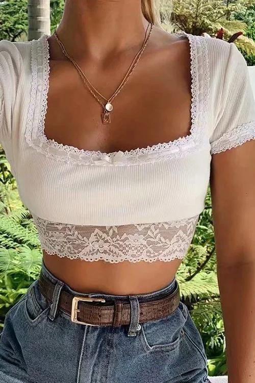 Lace Patchwork Square Neck Crop T Shirt - Fashionpara
