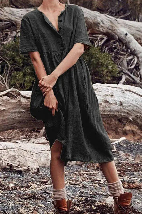 Solid Button O Neck Midi Dress - Fashionpara