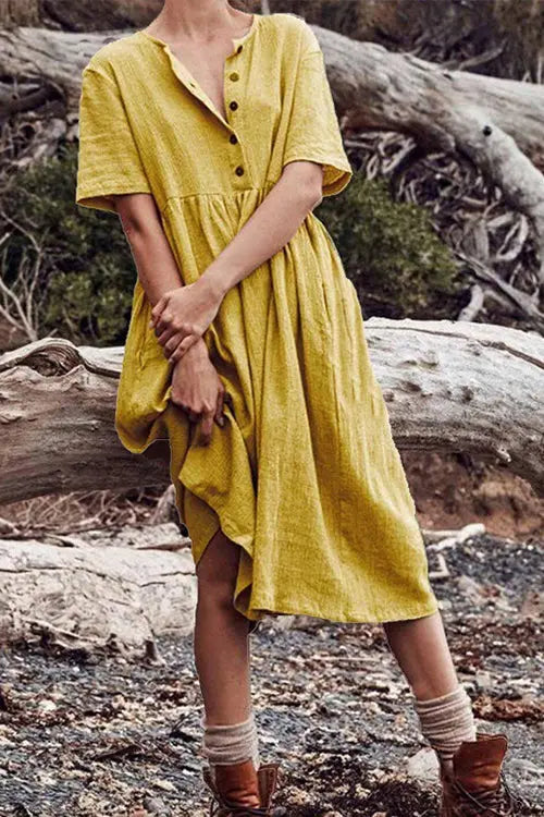 Solid Button O Neck Midi Dress - Fashionpara