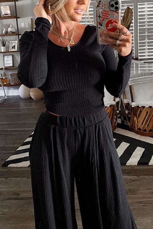 Solid Crop Wide Leg Pants Set - Fashionpara