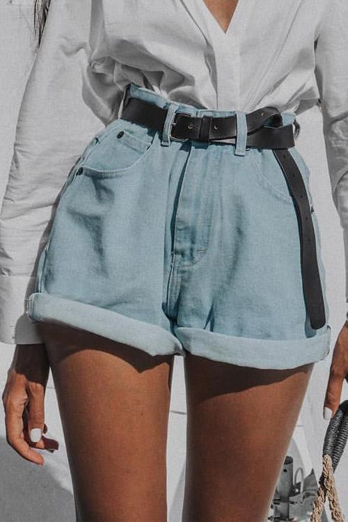 High Waist A Line Denim Shorts - Fashionpara