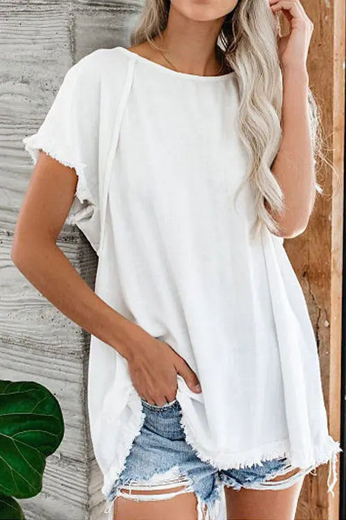 Raw Edge O Neck Short Sleeve T Shirt - Fashionpara