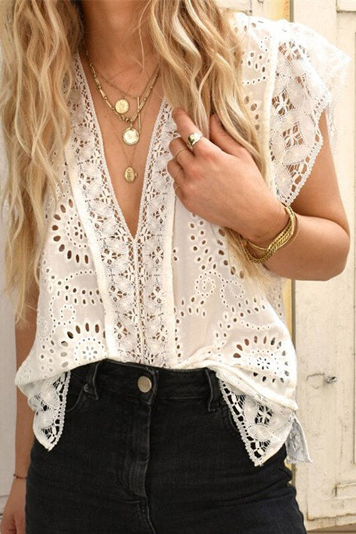 Embroidered Eyelet Cap Sleeves Top - Fashionpara