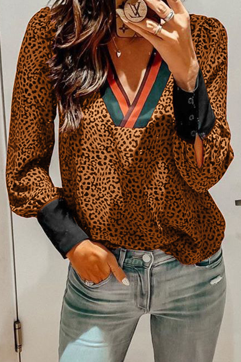 Leopard Patcwork V Necl Cuff Blouse - Fashionpara