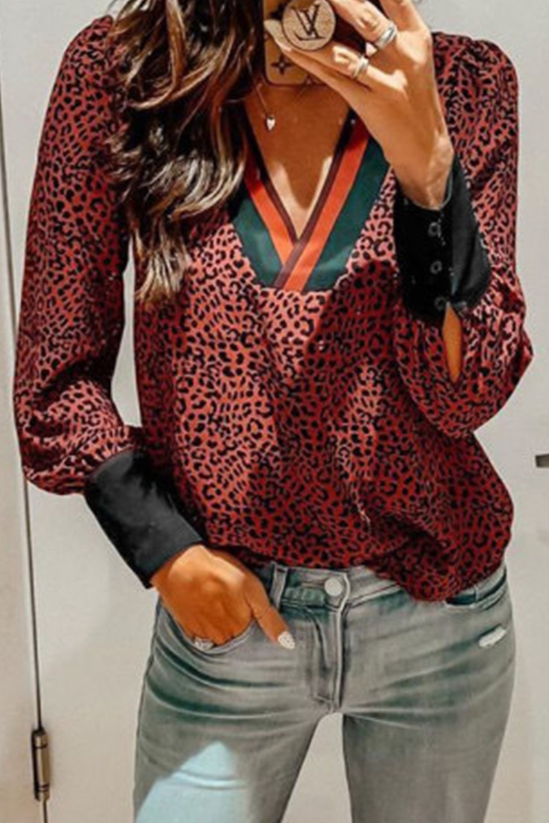 Leopard Patcwork V Necl Cuff Blouse - Fashionpara