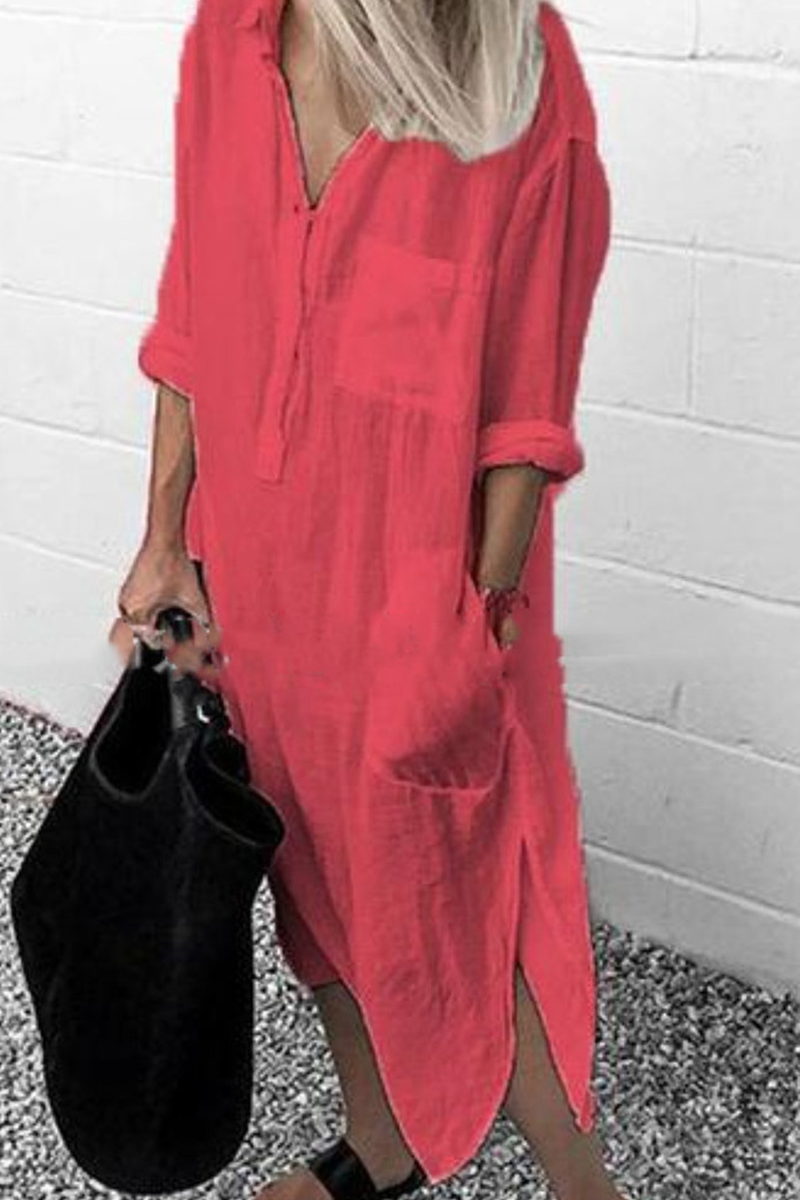 Casual Solid Split Joint Turndown Collar Shirt Dress Dresses(6 colors) - Fashionpara