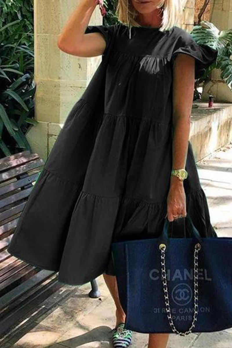 Casual Patchwork Solid Basic O Neck Cake Skirt Dresses - Fashionpara