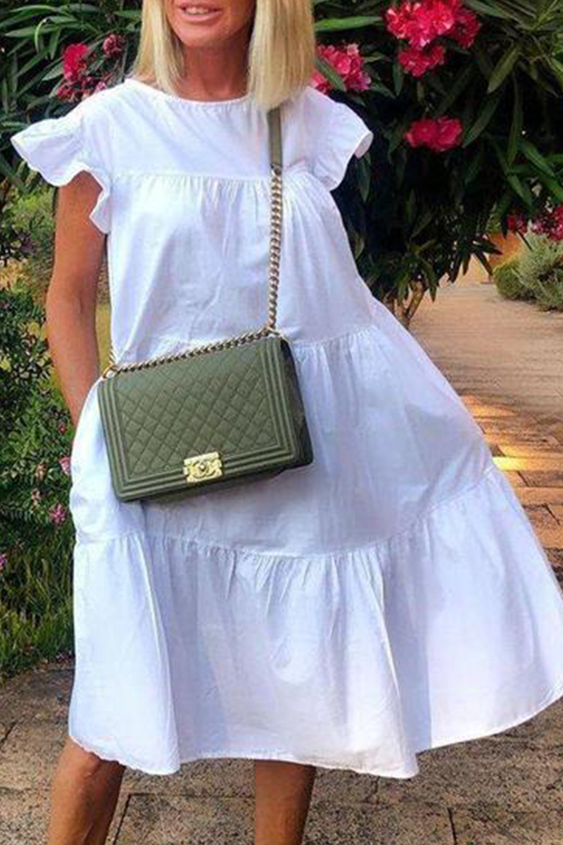 Casual Patchwork Solid Basic O Neck Cake Skirt Dresses - Fashionpara