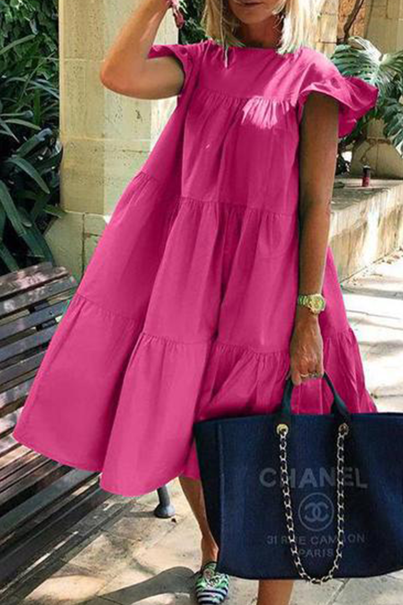 Casual Patchwork Solid Basic O Neck Cake Skirt Dresses - Fashionpara