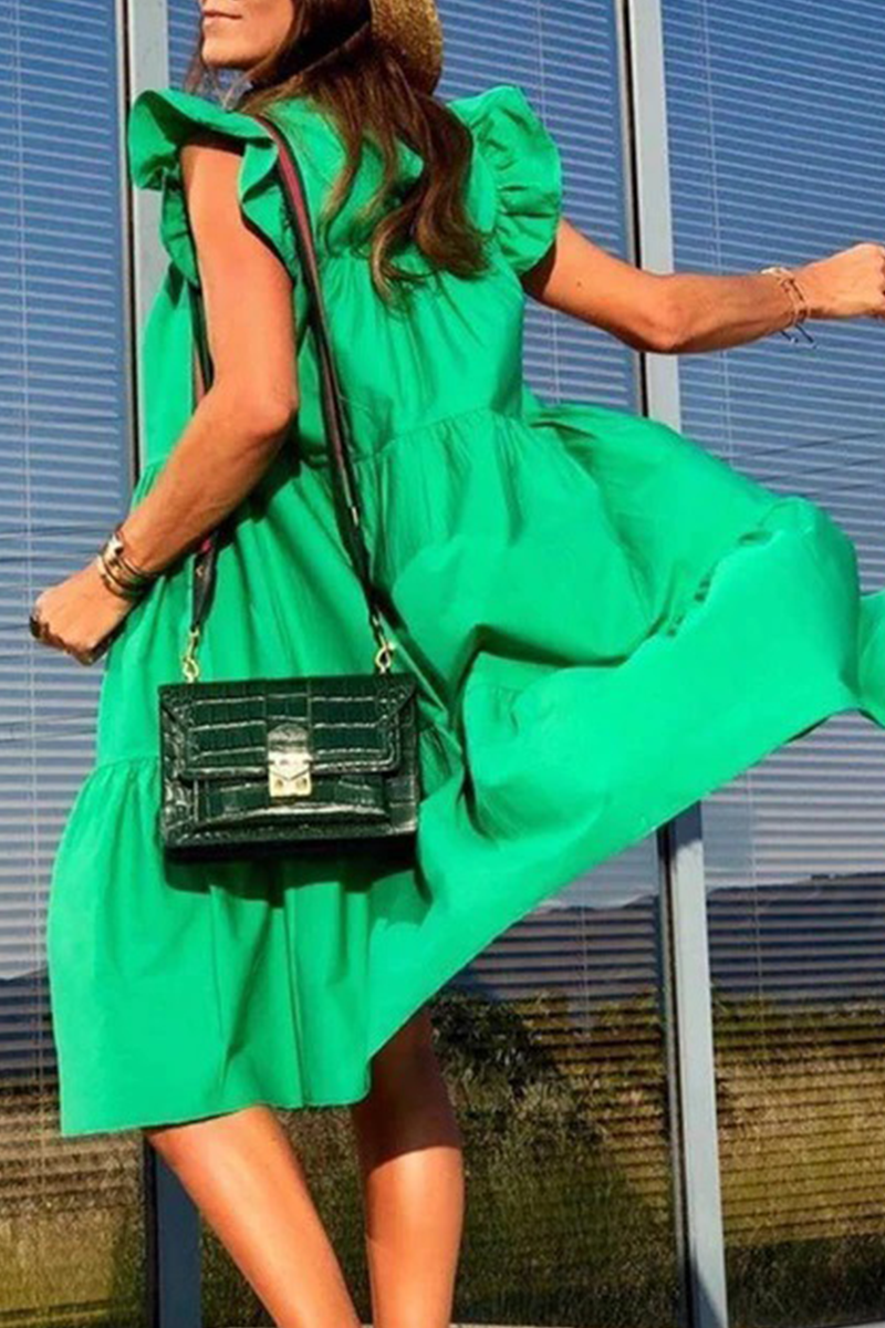 Casual Patchwork Solid Basic O Neck Cake Skirt Dresses - Fashionpara