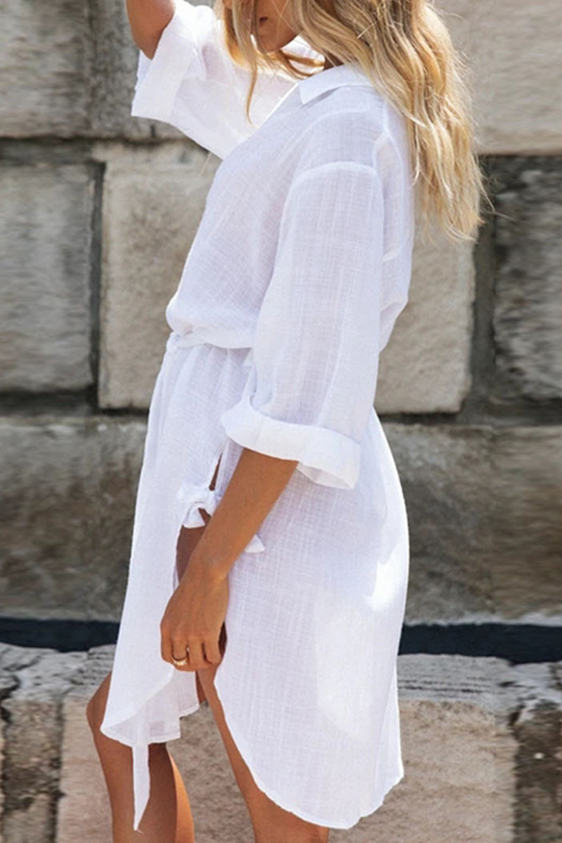 Casual Solid Buckle Cross Straps POLO collar A Line Dresses - Fashionpara