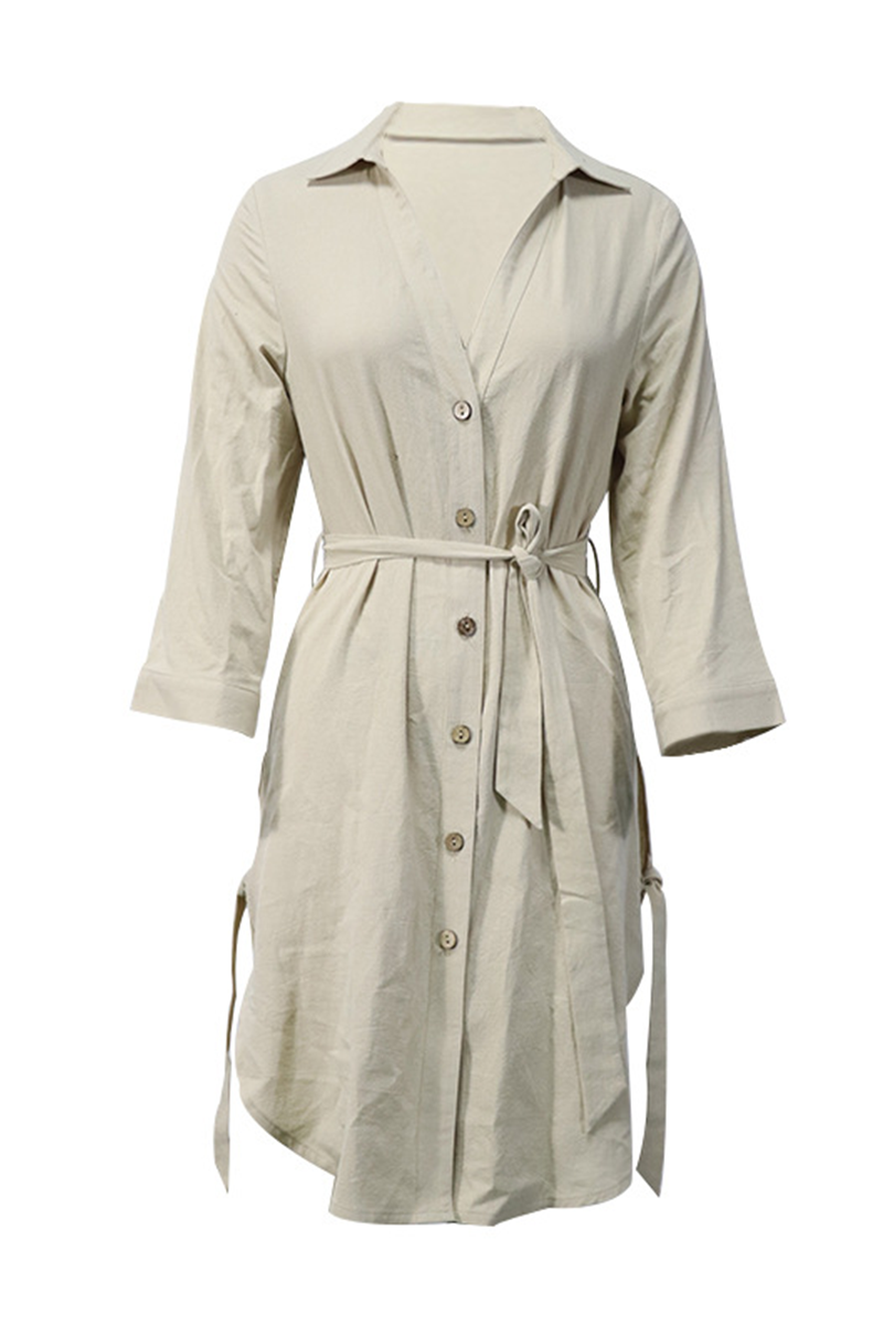 Casual Solid Buckle Cross Straps POLO collar A Line Dresses - Fashionpara