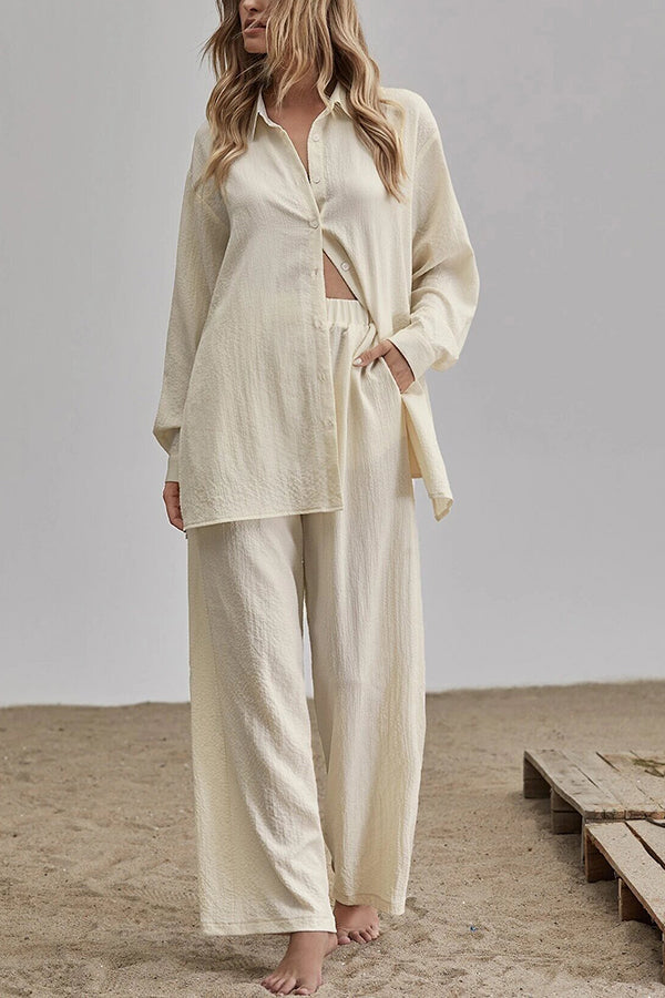 Button Blouse Wide Leg Pants Set - Fashionpara