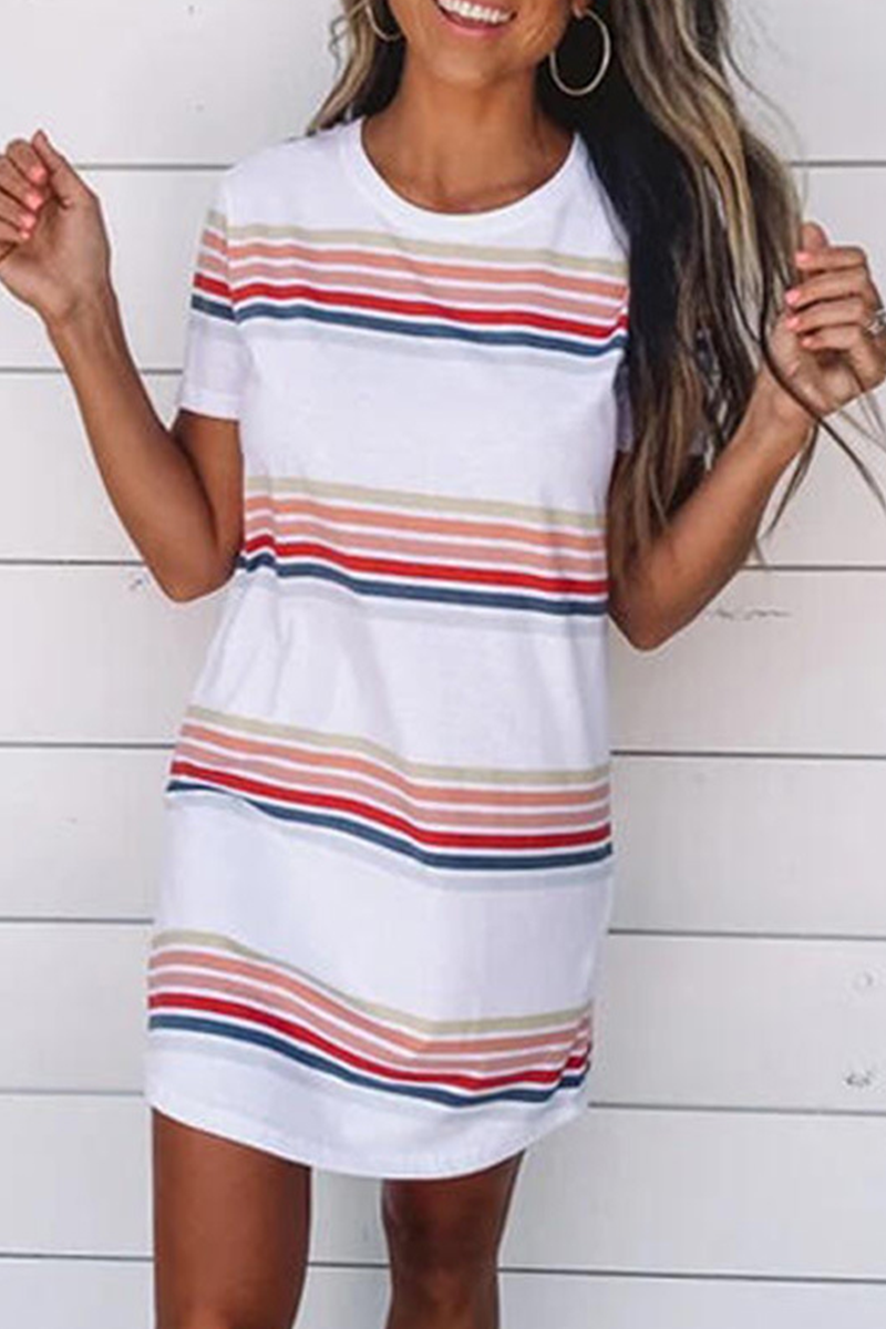 Casual Striped Character Print Contrast O Neck Short Sleeve Dress Dresses - Fashionpara
