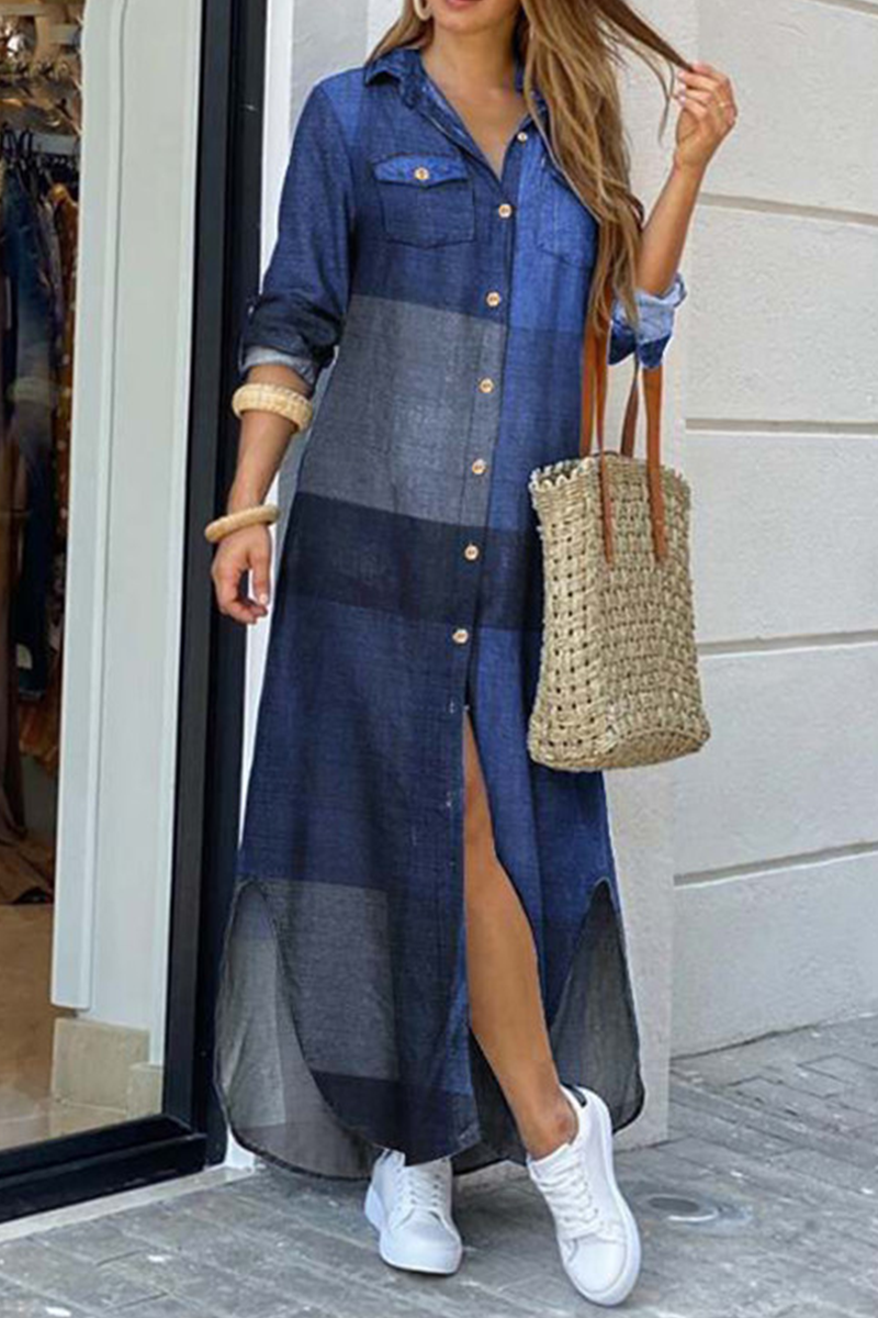 Casual Plaid Pocket Buckle Shirt Collar A Line Dresses(4 Colors) - Fashionpara