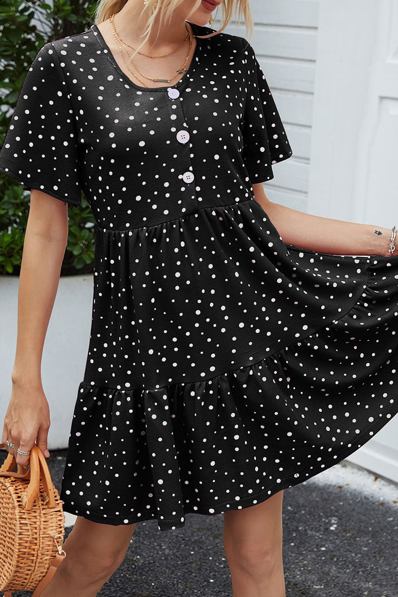 Fashion Casual Dot Split Joint O Neck A Line Dresses - Fashionpara