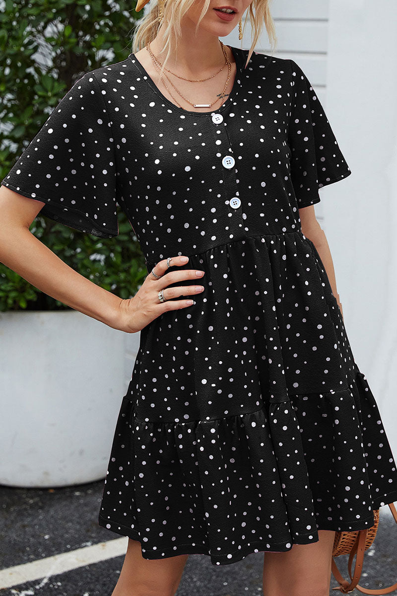 Fashion Casual Dot Split Joint O Neck A Line Dresses - Fashionpara