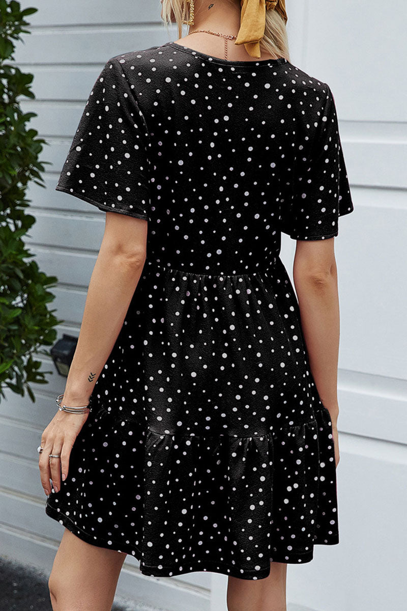 Fashion Casual Dot Split Joint O Neck A Line Dresses - Fashionpara