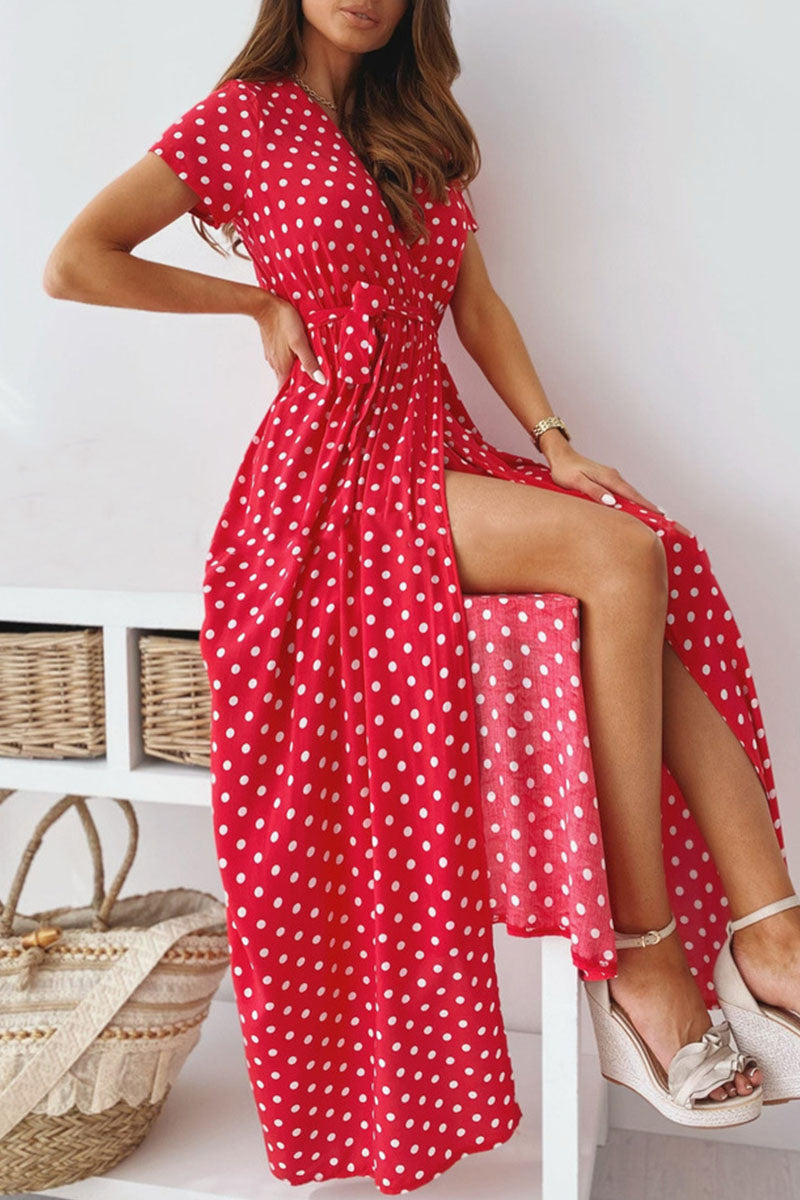 Fashion Street Dot Slit V Neck A Line Dresses - Fashionpara