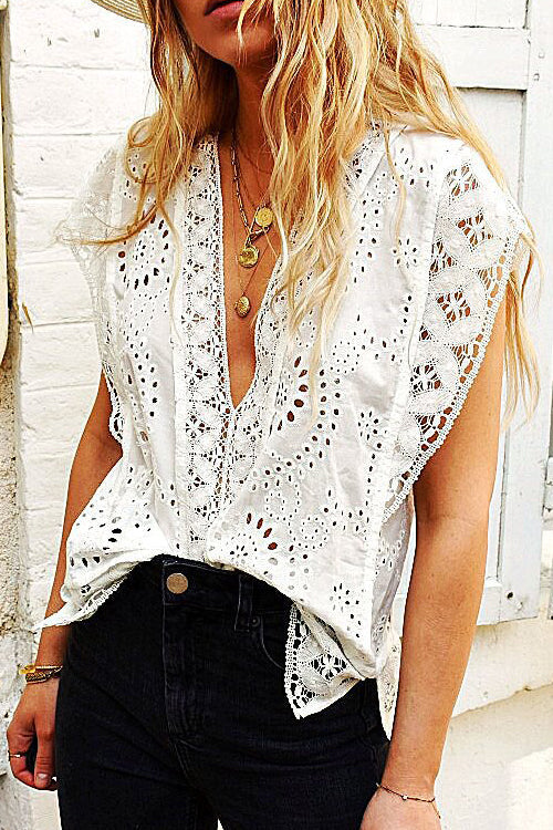 Embroidered Eyelet Cap Sleeves Top - Fashionpara