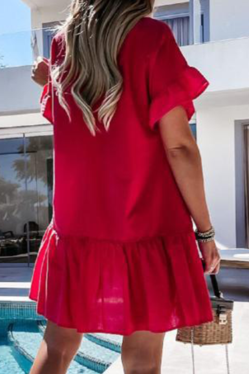 Fashion Solid Draw String Flounce V Neck A Line Dresses - Fashionpara