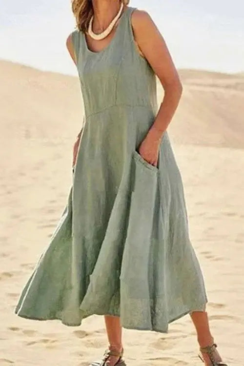 O Neck Pocket Sleeveless Maxi Dress - Fashionpara