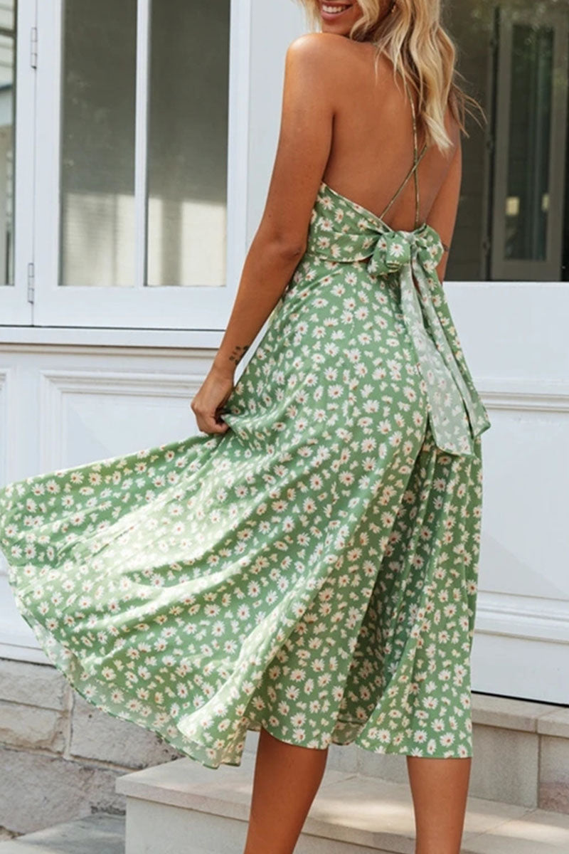 Fashion Casual Print Split Joint V Neck A Line Dresses - Fashionpara