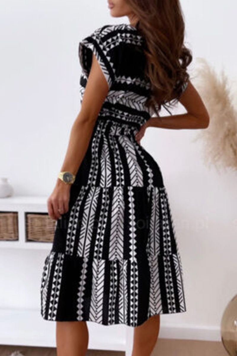 Fashion Elegant Print Split Joint O Neck A Line Dresses - Fashionpara