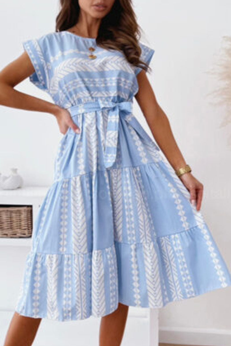 Fashion Elegant Print Split Joint O Neck A Line Dresses - Fashionpara