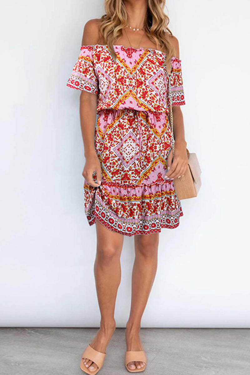 Bohemian Print Patchwork Off the Shoulder A Line Dresses - Fashionpara