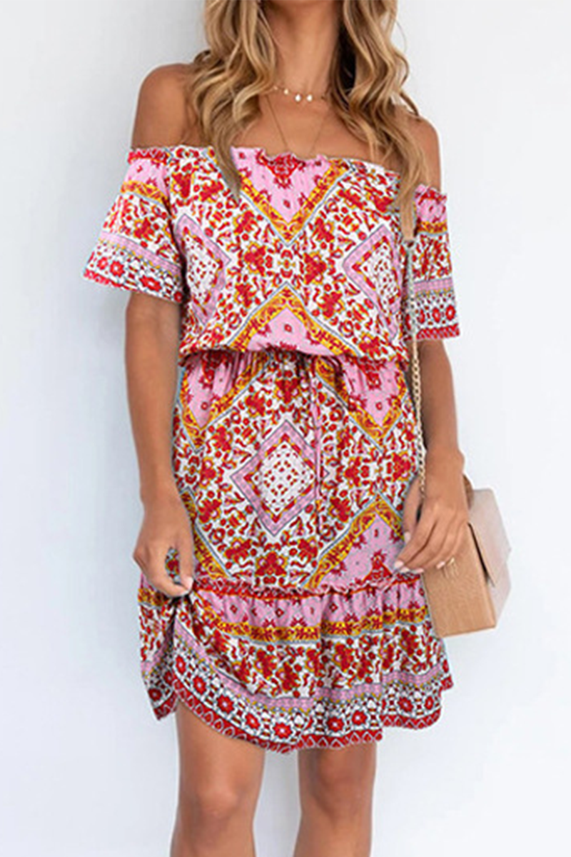 Bohemian Print Patchwork Off the Shoulder A Line Dresses - Fashionpara