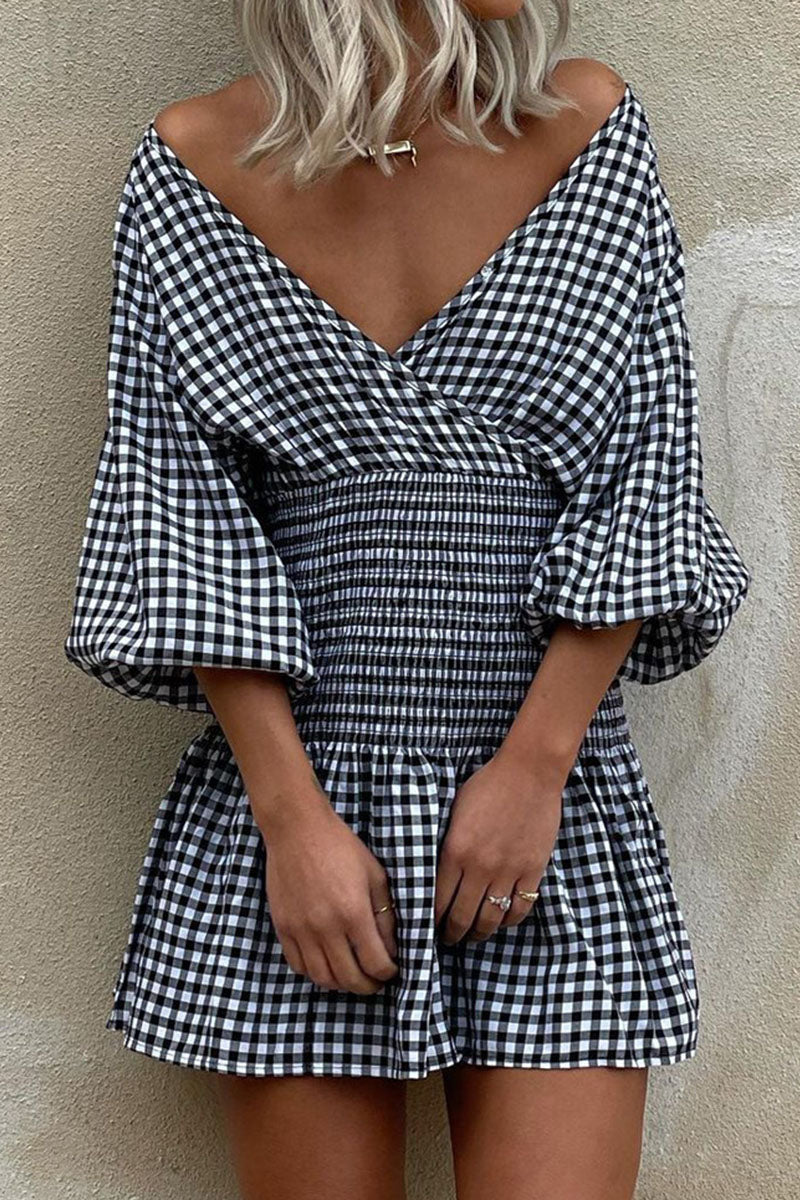 Fashion Street Plaid Split Joint V Neck Waist Skirt Dresses - Fashionpara