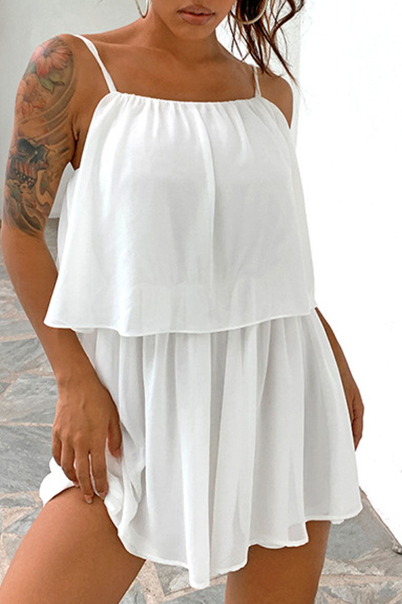 Fashion Casual Solid Split Joint Spaghetti Strap Waist Skirt Dresses - Fashionpara