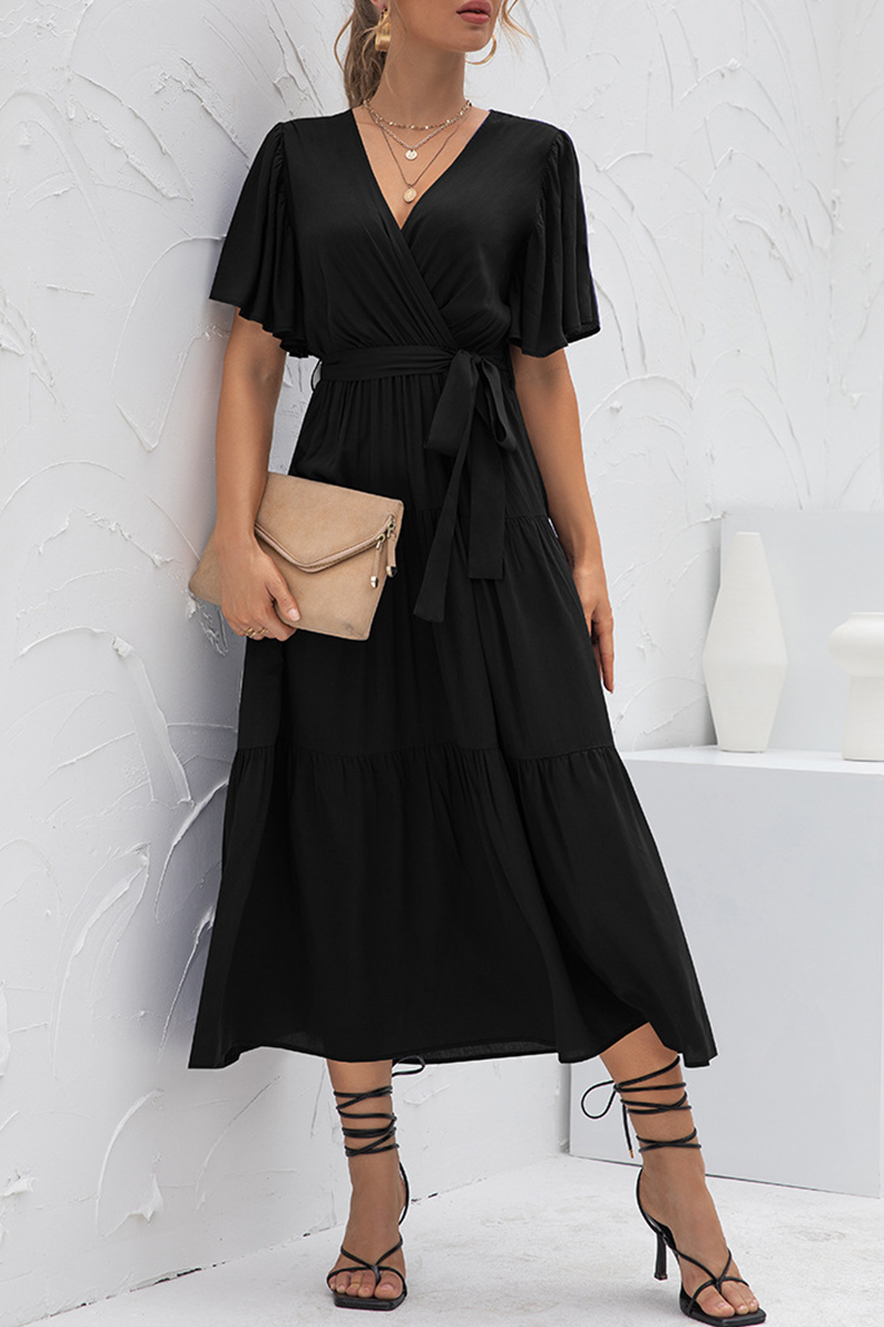 Elegant Solid Split Joint With Belt V Neck Cake Skirt Dresses(4 colors) - Fashionpara