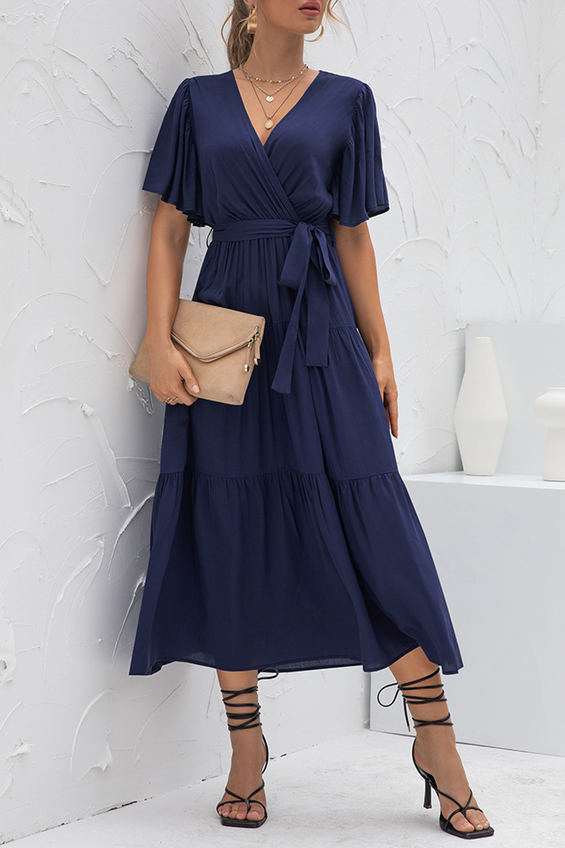 Elegant Solid Split Joint With Belt V Neck Cake Skirt Dresses(4 colors) - Fashionpara