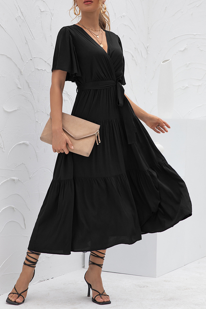 Elegant Solid Split Joint With Belt V Neck Cake Skirt Dresses(4 colors) - Fashionpara